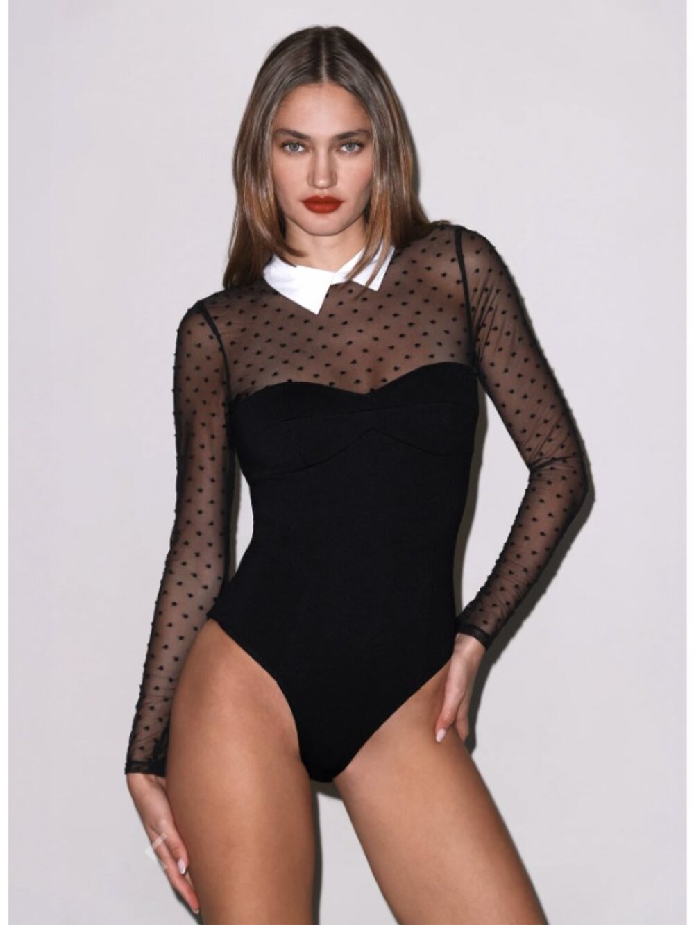 Fleur Du Mal Collared Bodysuit with Dotted Tulle